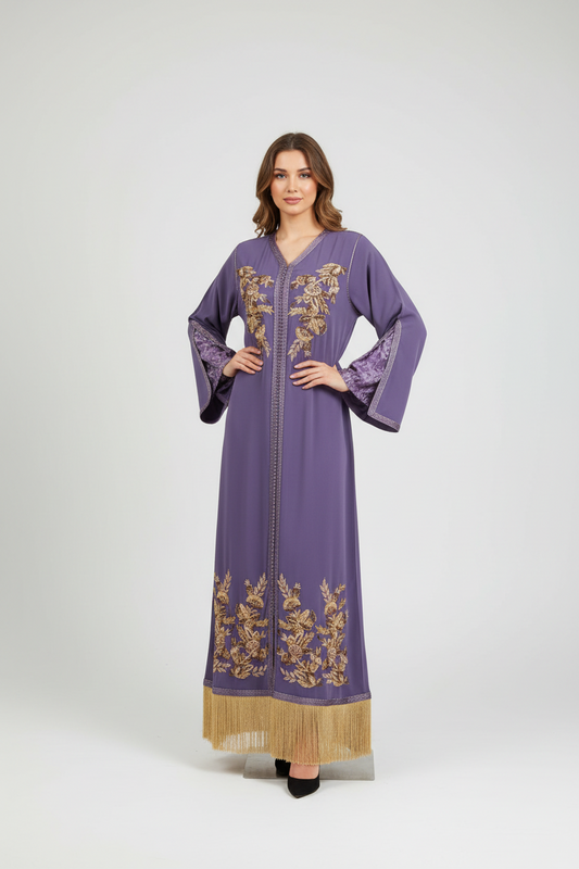 Violet Embroidered Caftan with Gold Fringe