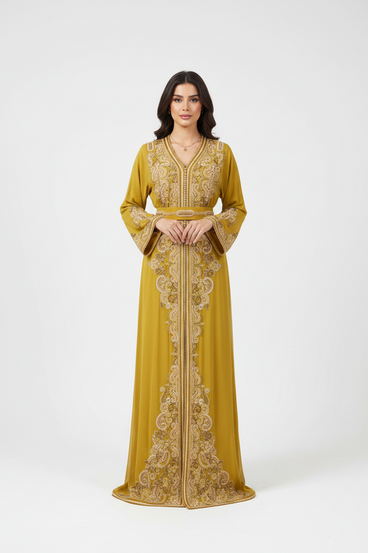 The Mustard Menatique embroidered Caftan