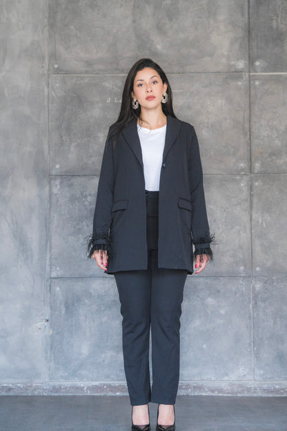 Black Feather-Trimmed Blazer &amp; Pants 2-Piece Set