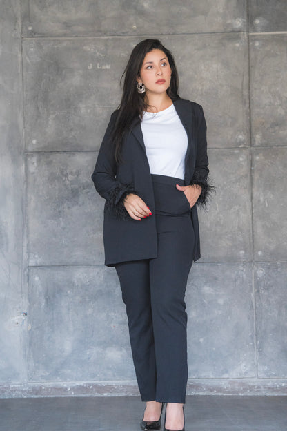 Black Feather-Trimmed Blazer &amp; Pants 2-Piece Set