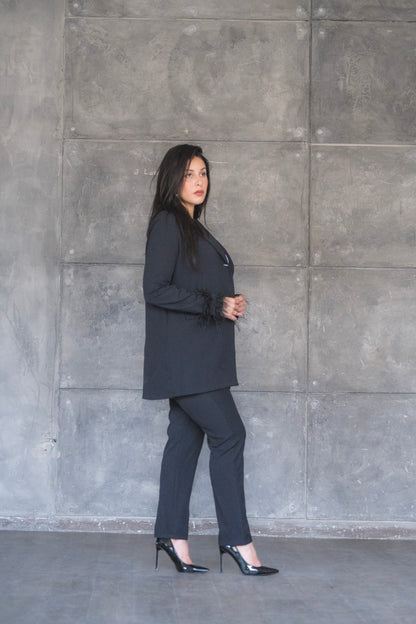 Black Feather-Trimmed Blazer &amp; Pants 2-Piece Set