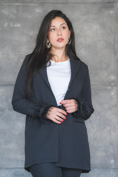 Black Feather-Trimmed Blazer &amp; Pants 2-Piece Set
