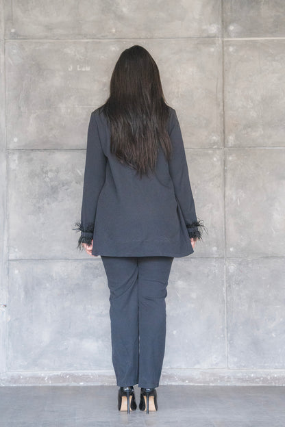 Black Feather-Trimmed Blazer &amp; Pants 2-Piece Set