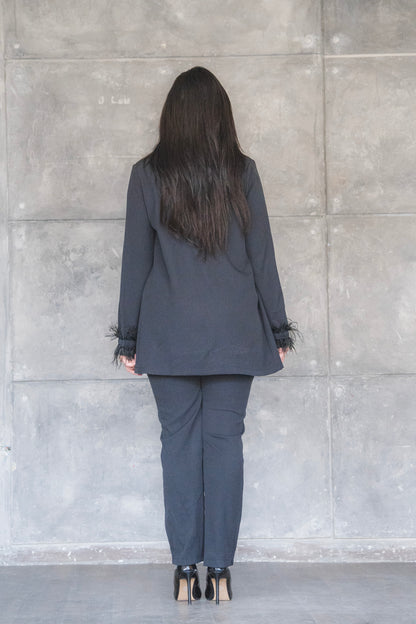 Black Feather-Trimmed Blazer &amp; Pants 2-Piece Set