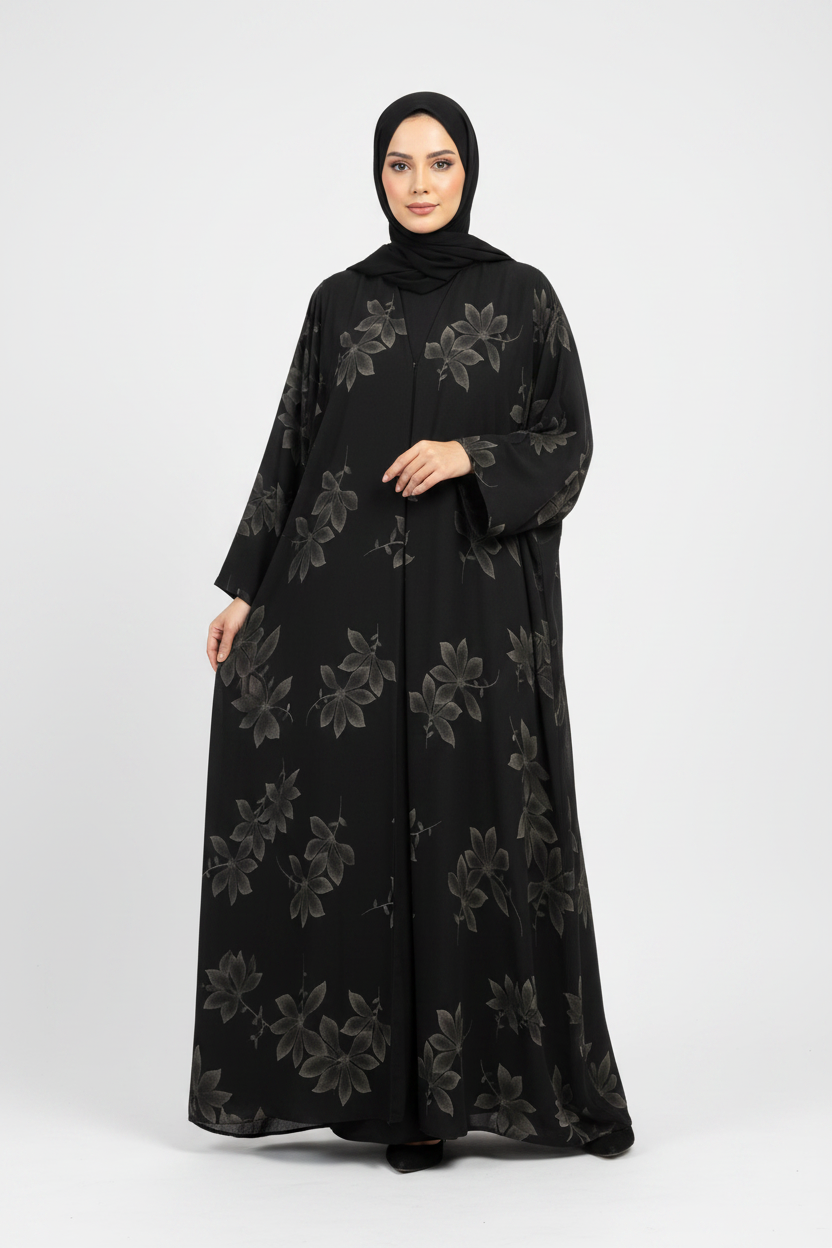 Noir Bloom Gold Big Flower Double Chiffon 3-Piece Abaya
