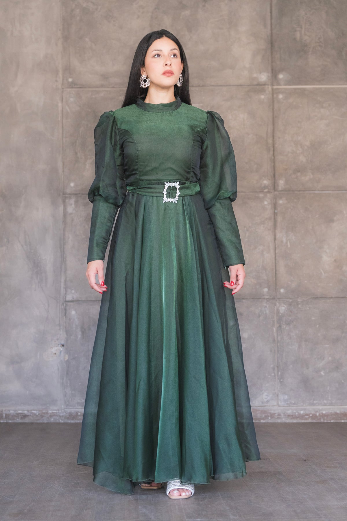 Organza Puff Sleeve A-Line Evening Gown with Crystal Belt