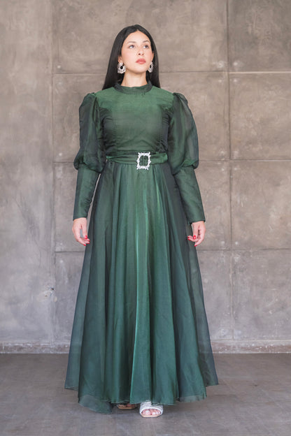 Organza Puff Sleeve A-Line Evening Gown with Crystal Belt