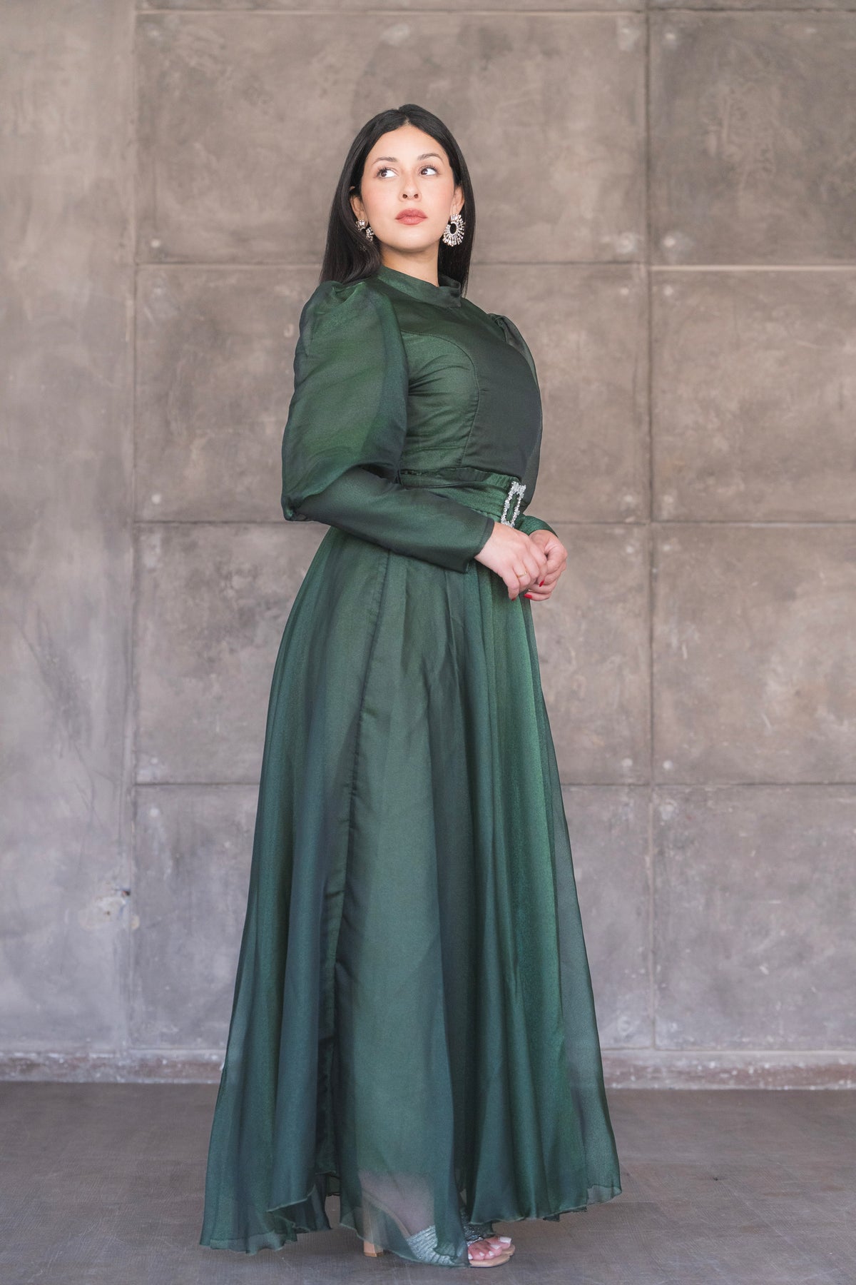 Organza Puff Sleeve A-Line Evening Gown with Crystal Belt