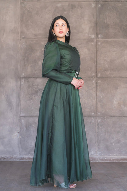 Organza Puff Sleeve A-Line Evening Gown with Crystal Belt