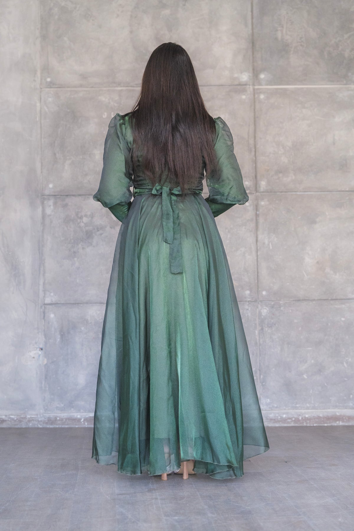Organza Puff Sleeve A-Line Evening Gown with Crystal Belt
