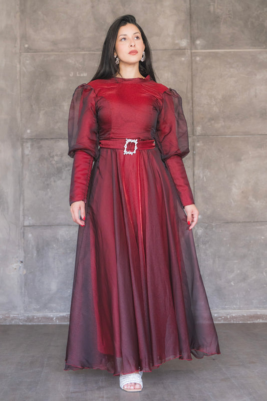 Organza Puff-Sleeve Evening Gown with Crystal Belt