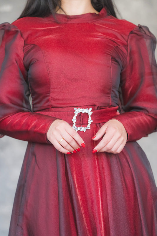 Organza Puff-Sleeve Evening Gown with Crystal Belt