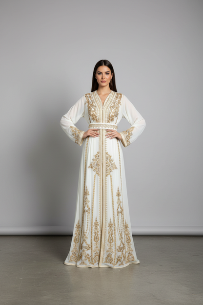 White Gold Embroidered Chiffon Bridal Kaftan