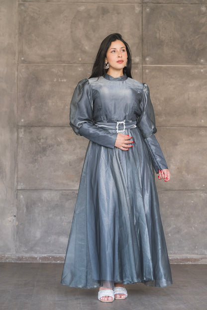 Organza Puff Sleeve A-Line Evening Gown with Crystal Belt