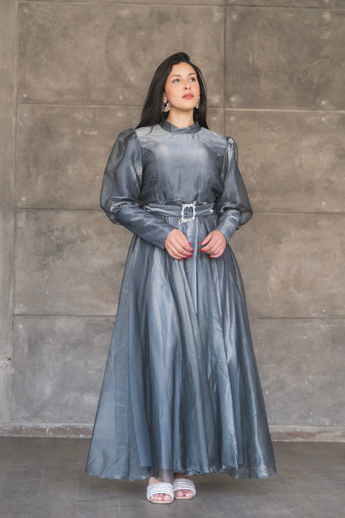 Organza Puff Sleeve A-Line Evening Gown with Crystal Belt