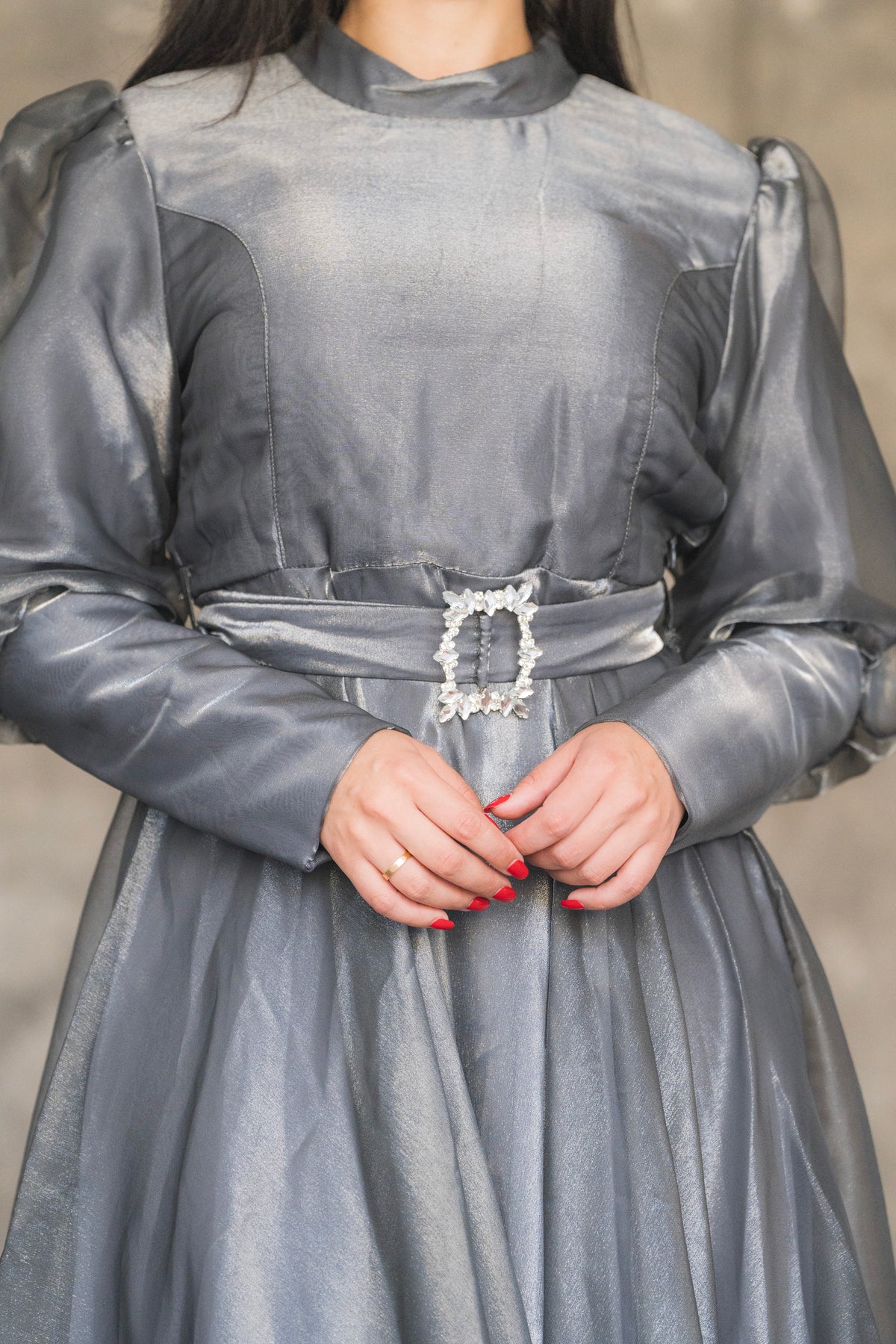 Organza Puff Sleeve A-Line Evening Gown with Crystal Belt
