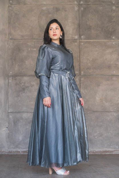 Organza Puff Sleeve A-Line Evening Gown with Crystal Belt