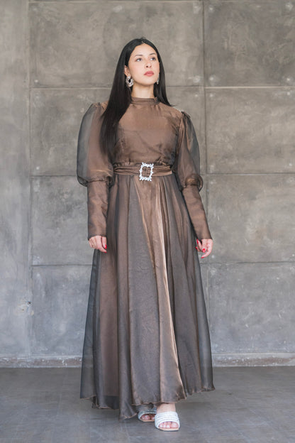 Organza Puff Sleeve A-Line Evening Gown with Crystal Belt
