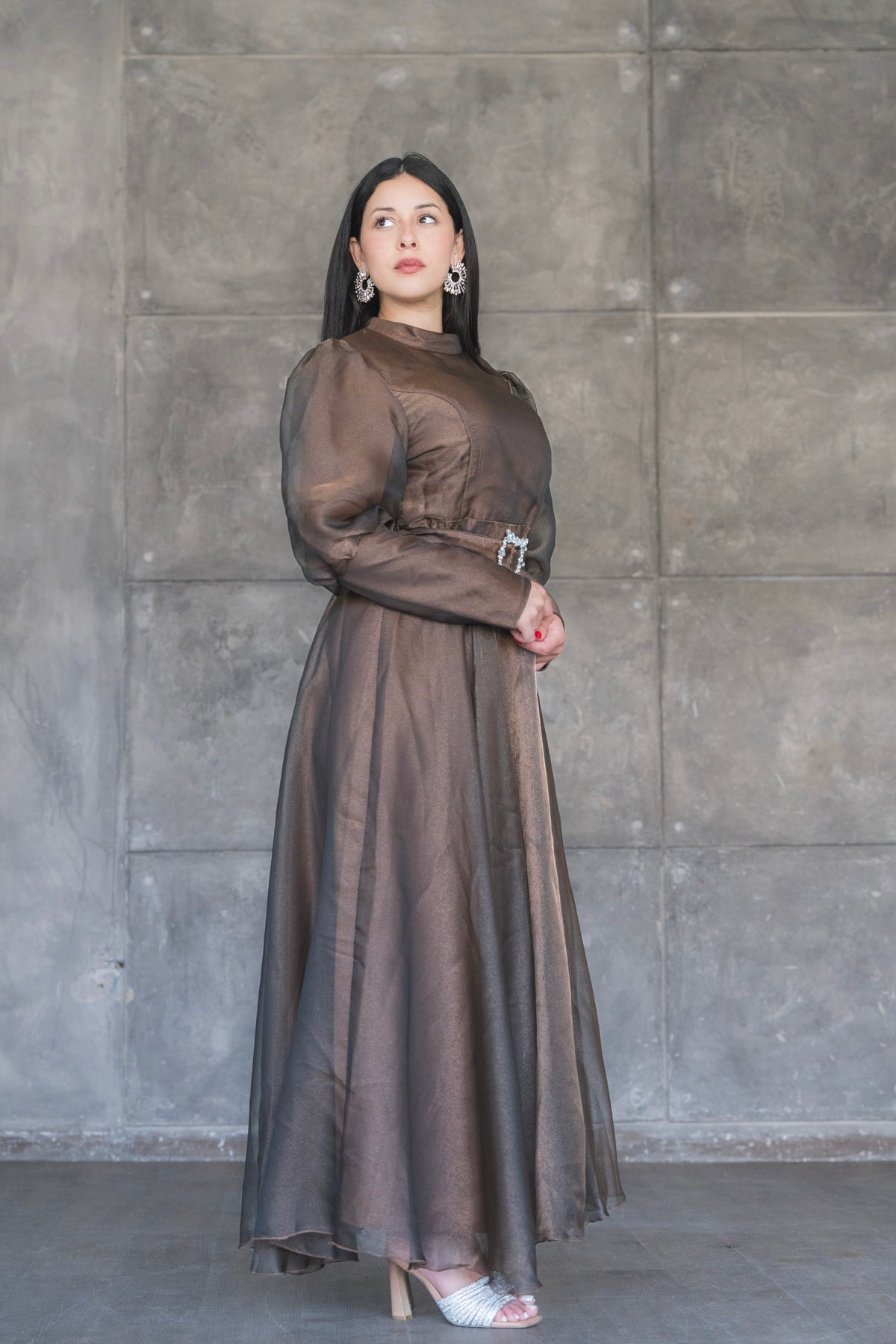 Organza Puff Sleeve A-Line Evening Gown with Crystal Belt