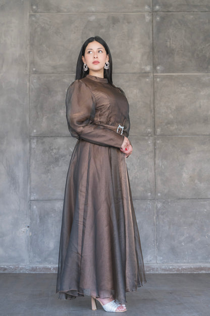 Organza Puff Sleeve A-Line Evening Gown with Crystal Belt