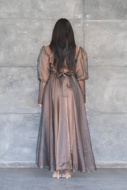 Organza Puff Sleeve A-Line Evening Gown with Crystal Belt