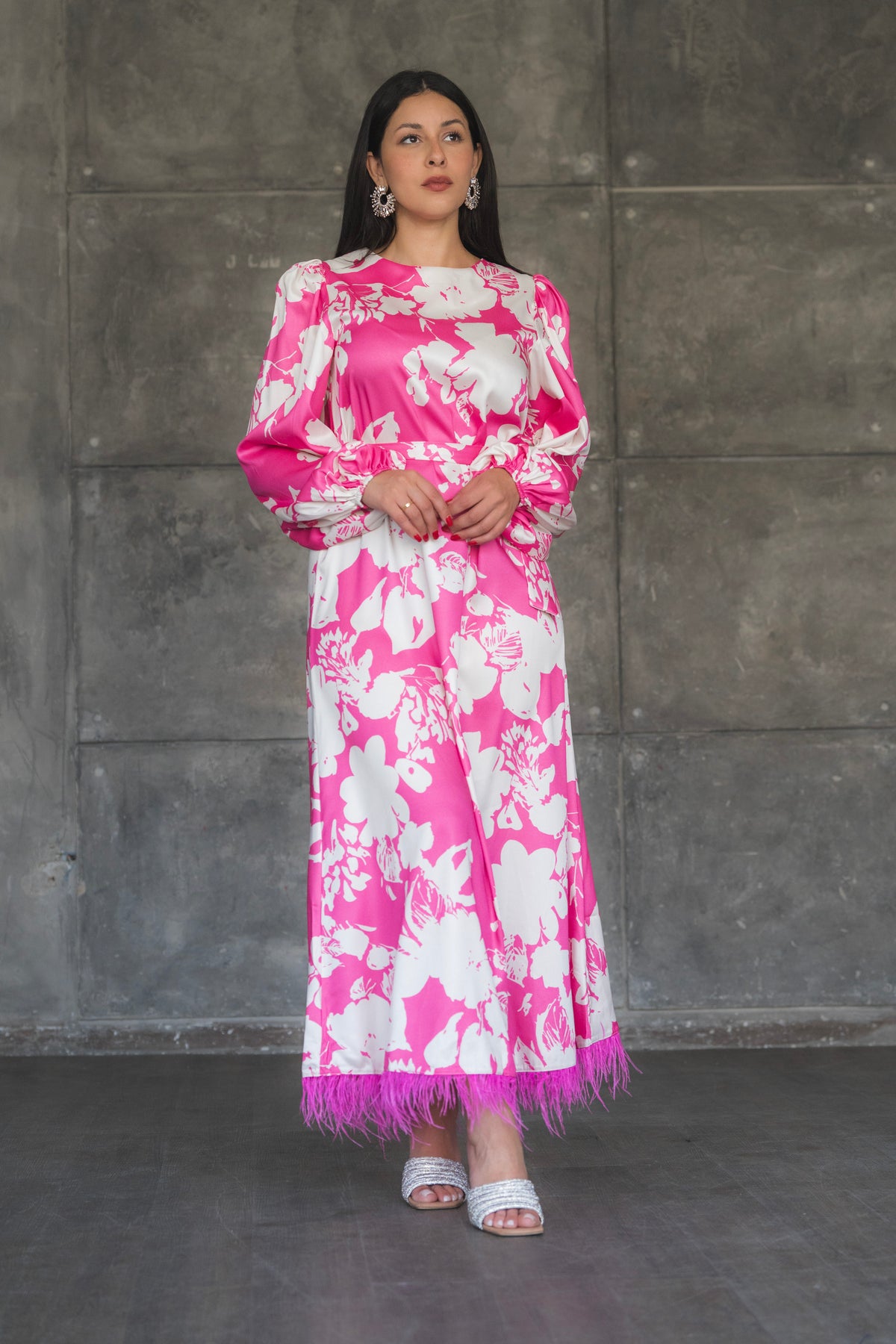 Floral Print Satin Maxi Dress with Feather Hem