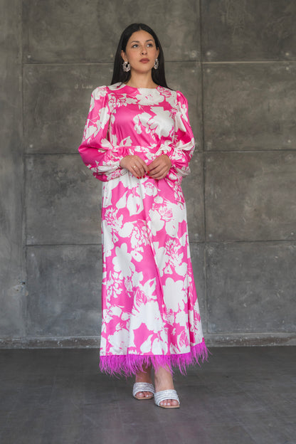 Floral Print Satin Maxi Dress with Feather Hem