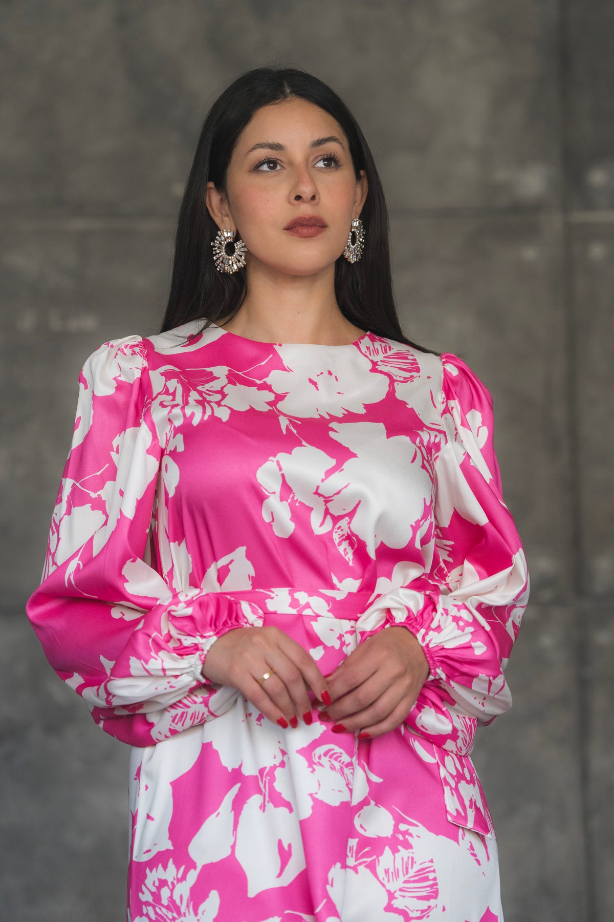 Floral Print Satin Maxi Dress with Feather Hem
