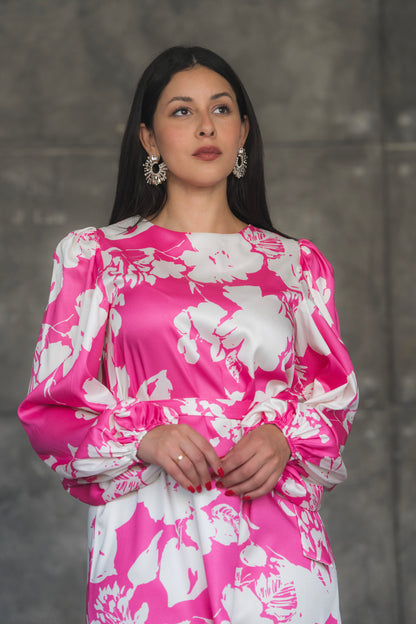 Floral Print Satin Maxi Dress with Feather Hem