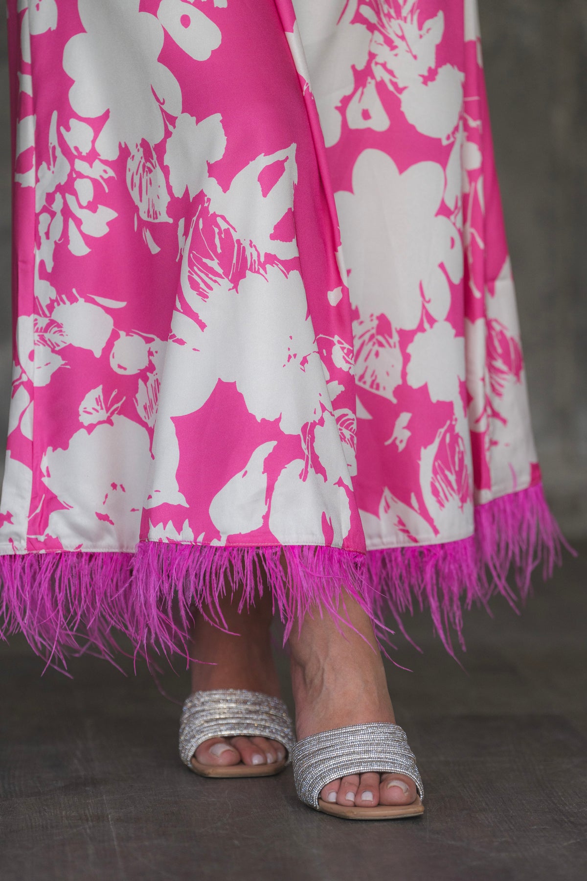 Floral Print Satin Maxi Dress with Feather Hem