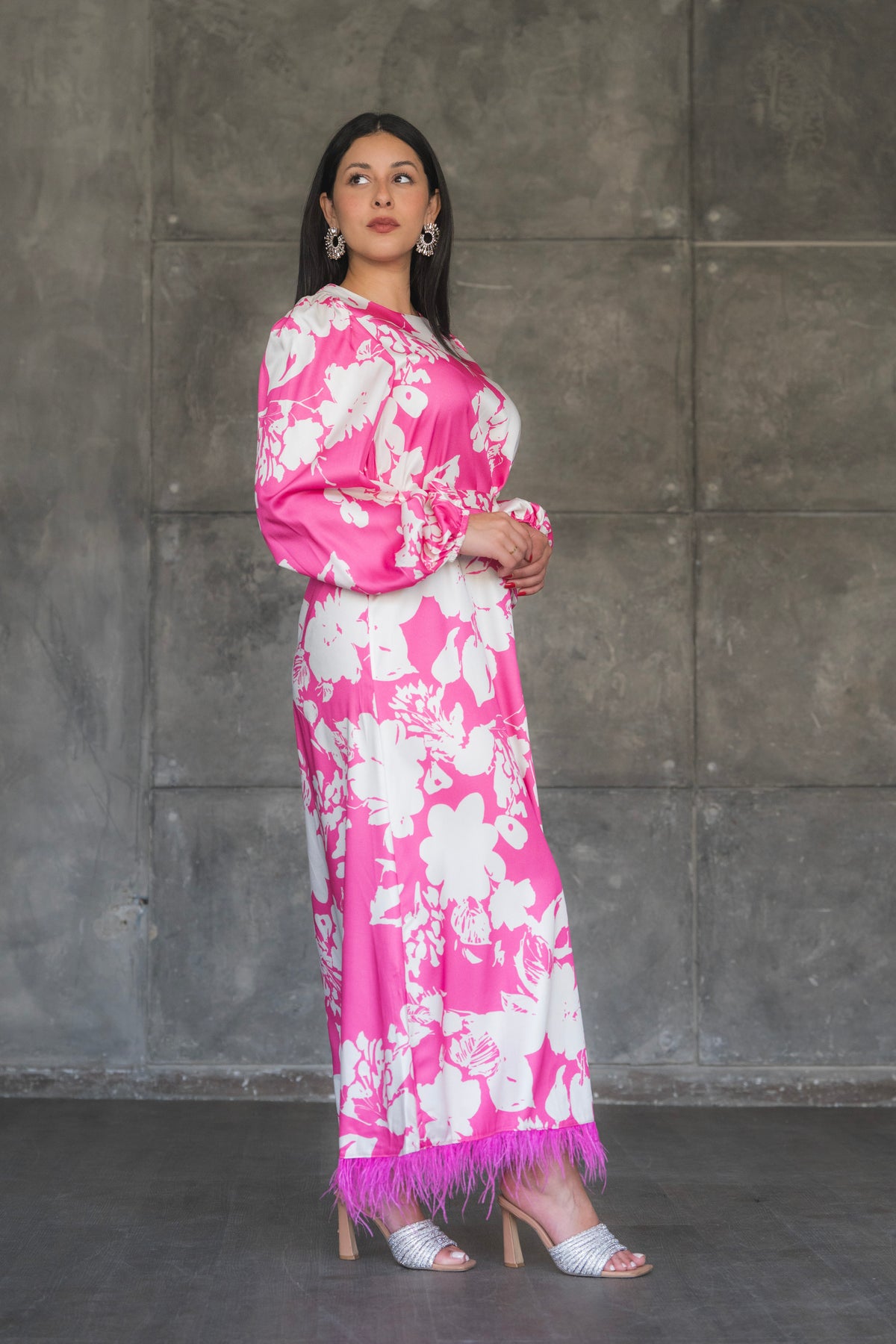 Floral Print Satin Maxi Dress with Feather Hem
