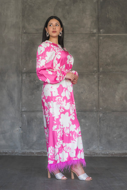 Floral Print Satin Maxi Dress with Feather Hem
