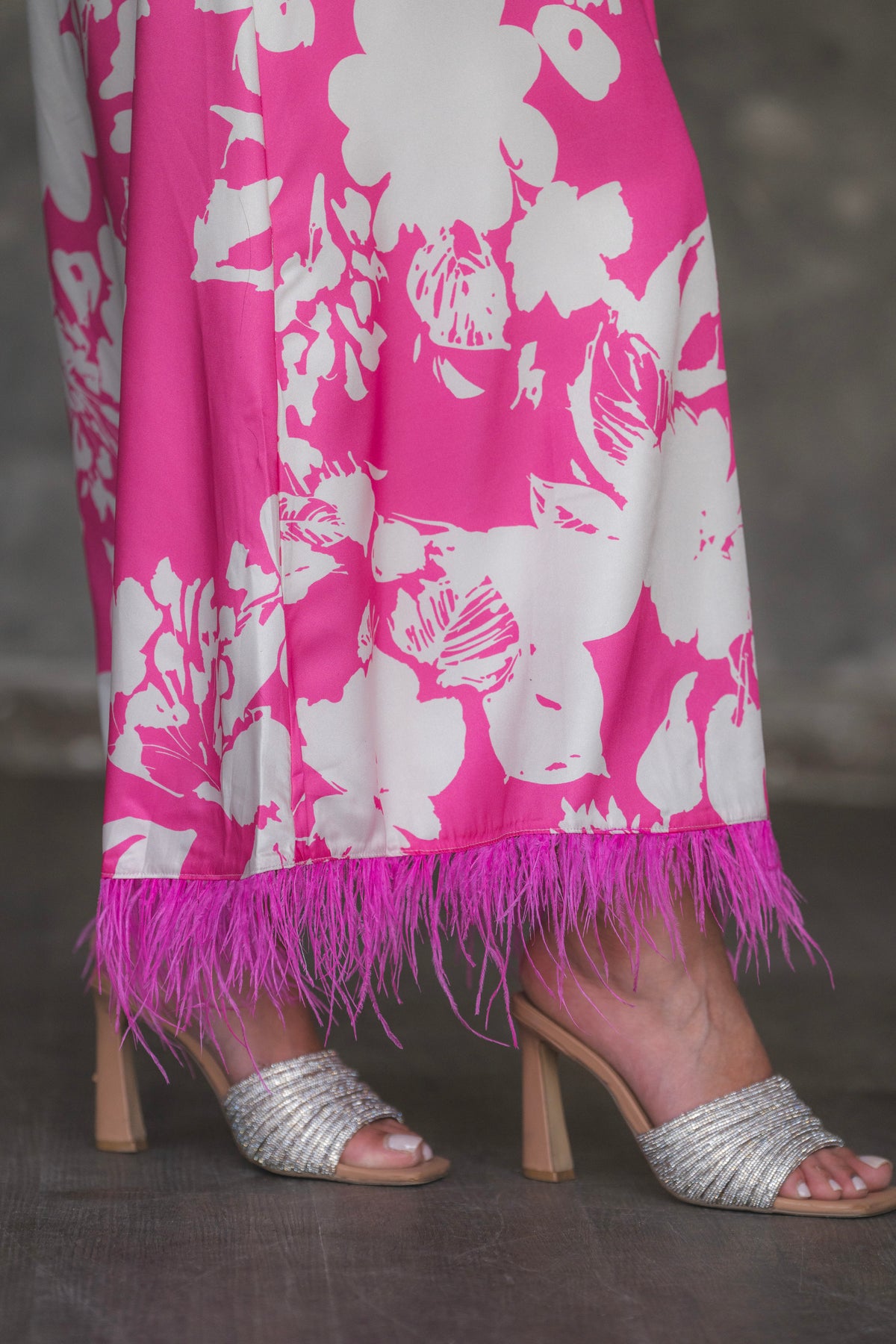 Floral Print Satin Maxi Dress with Feather Hem