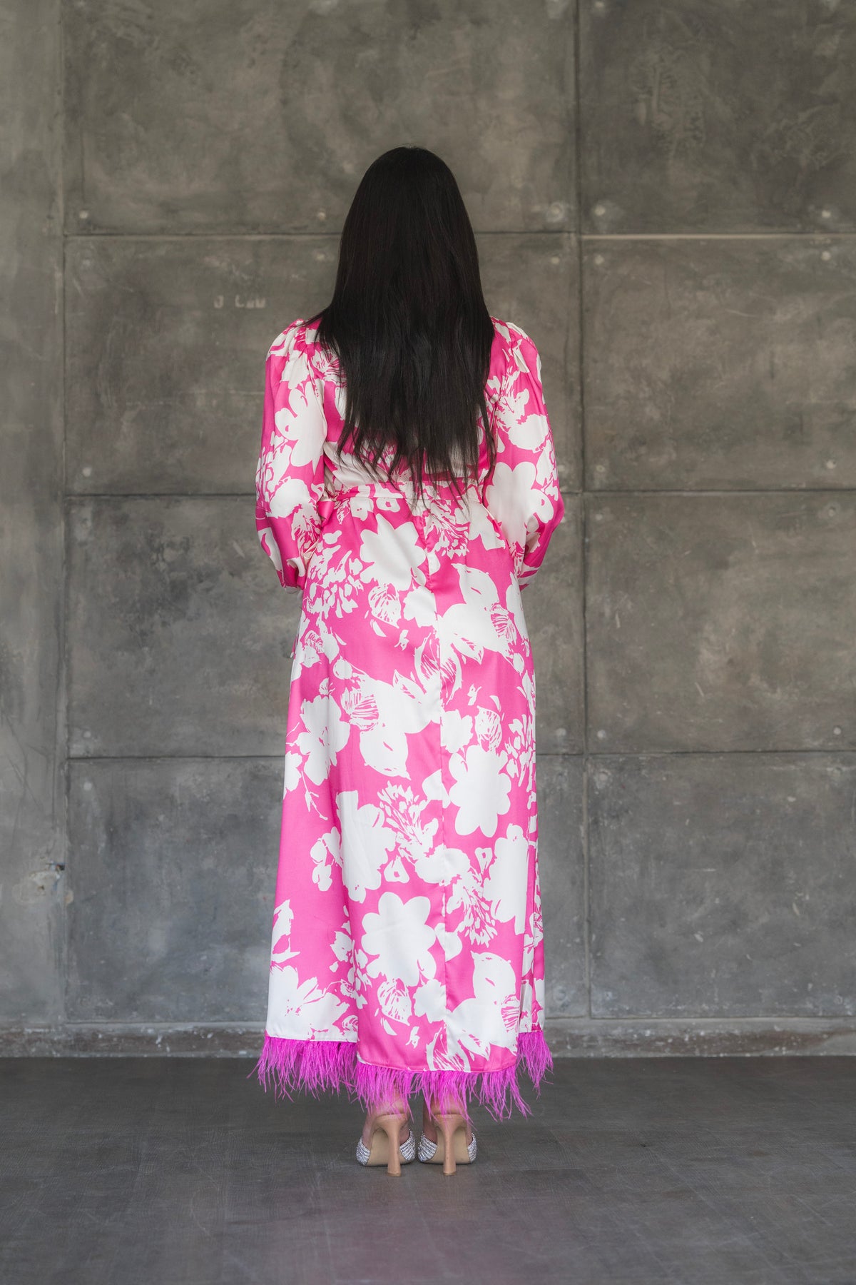 Floral Print Satin Maxi Dress with Feather Hem