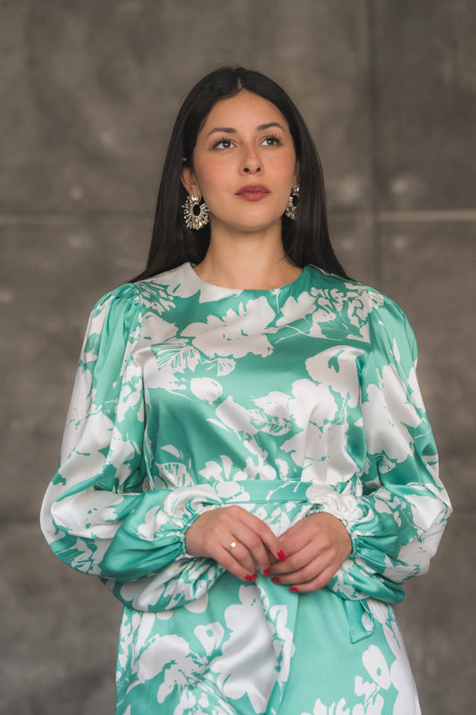 Floral Satin Feather-Trimmed Maxi Dress