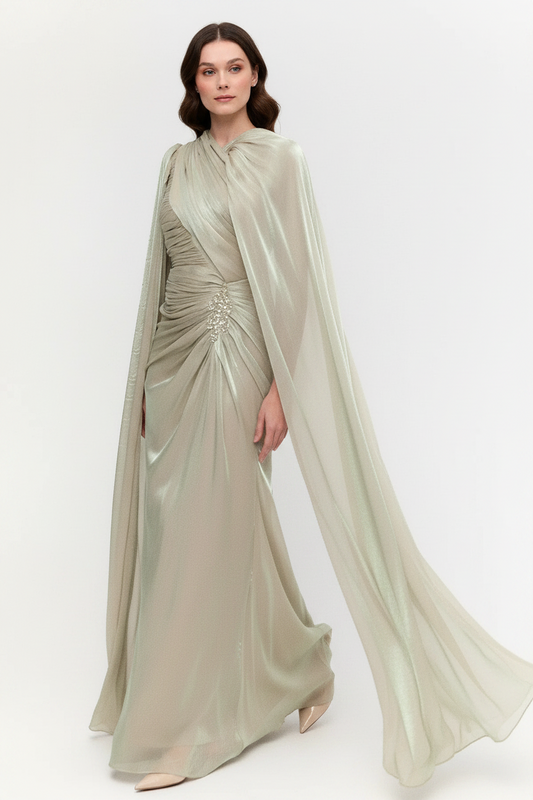 The Celeste Draped Shimmer Evening Gown - Mint Frost
