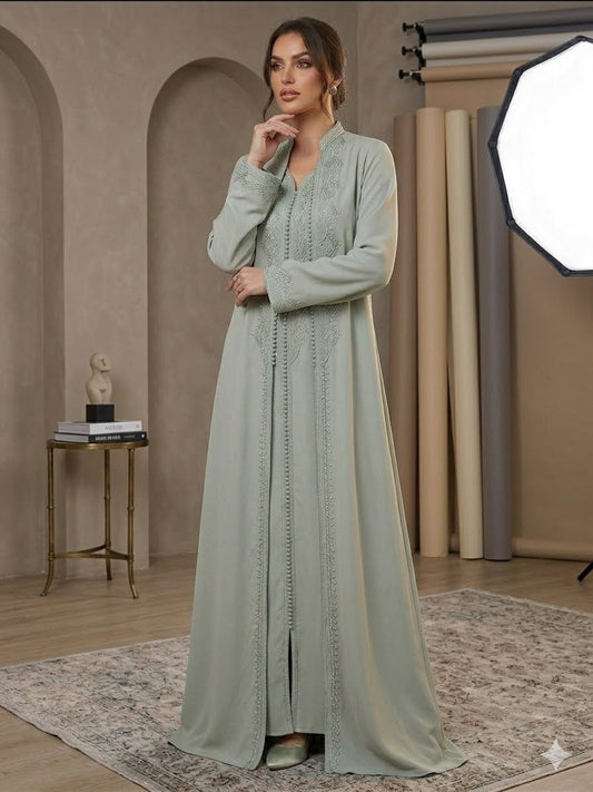 Embroidered green 2 piece kaftan dress