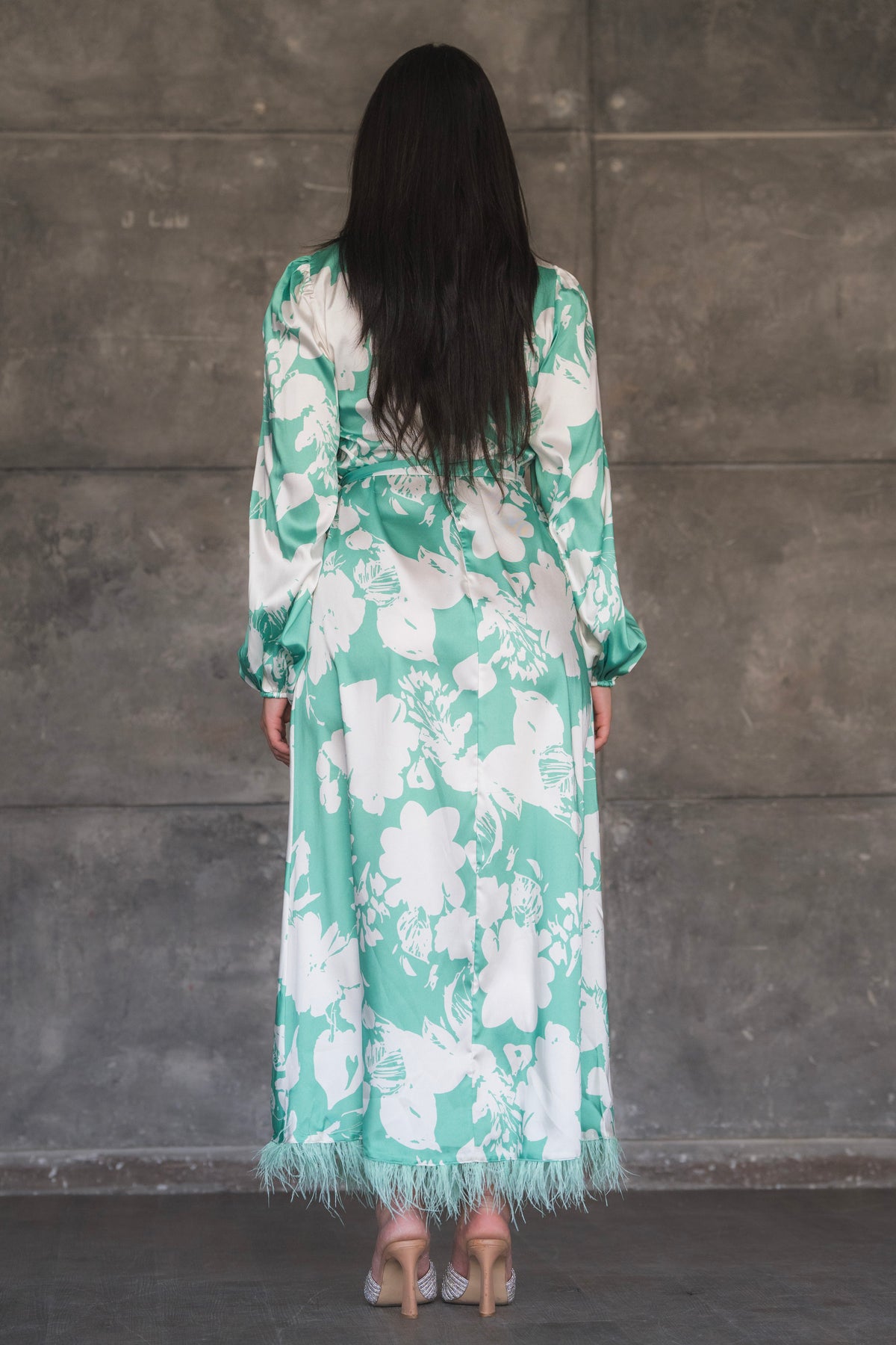 Floral Print Satin Maxi Dress with Feather Hem