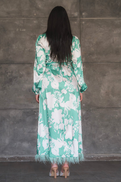 Floral Print Satin Maxi Dress with Feather Hem