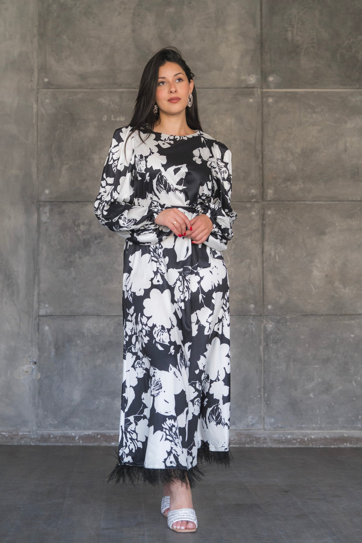 Floral Print Satin Maxi Dress with Feather Hem