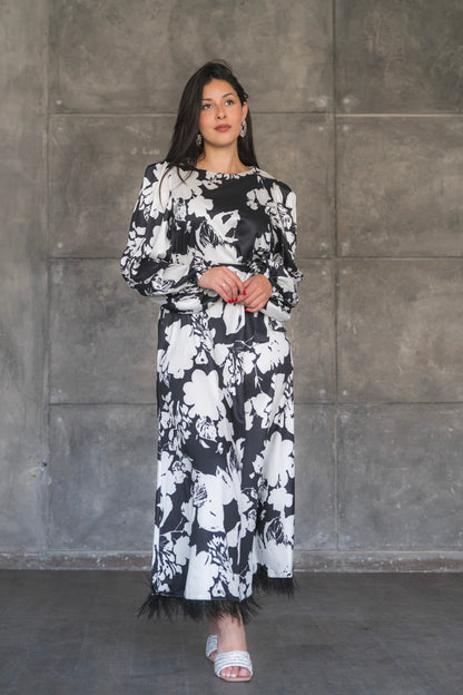 Floral Print Satin Maxi Dress with Feather Hem