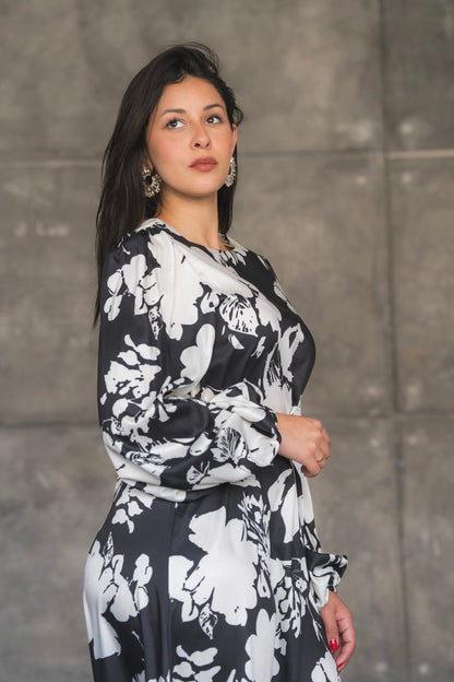 Floral Print Satin Maxi Dress with Feather Hem