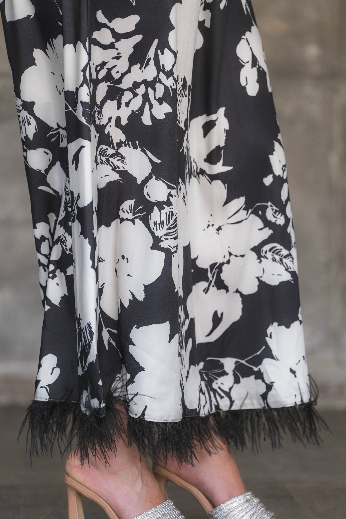 Floral Print Satin Maxi Dress with Feather Hem