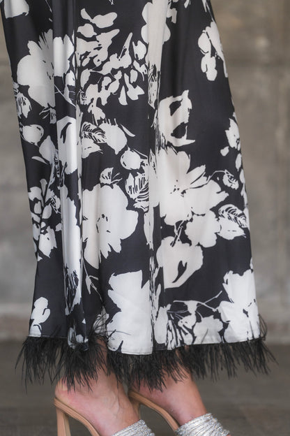 Floral Print Satin Maxi Dress with Feather Hem