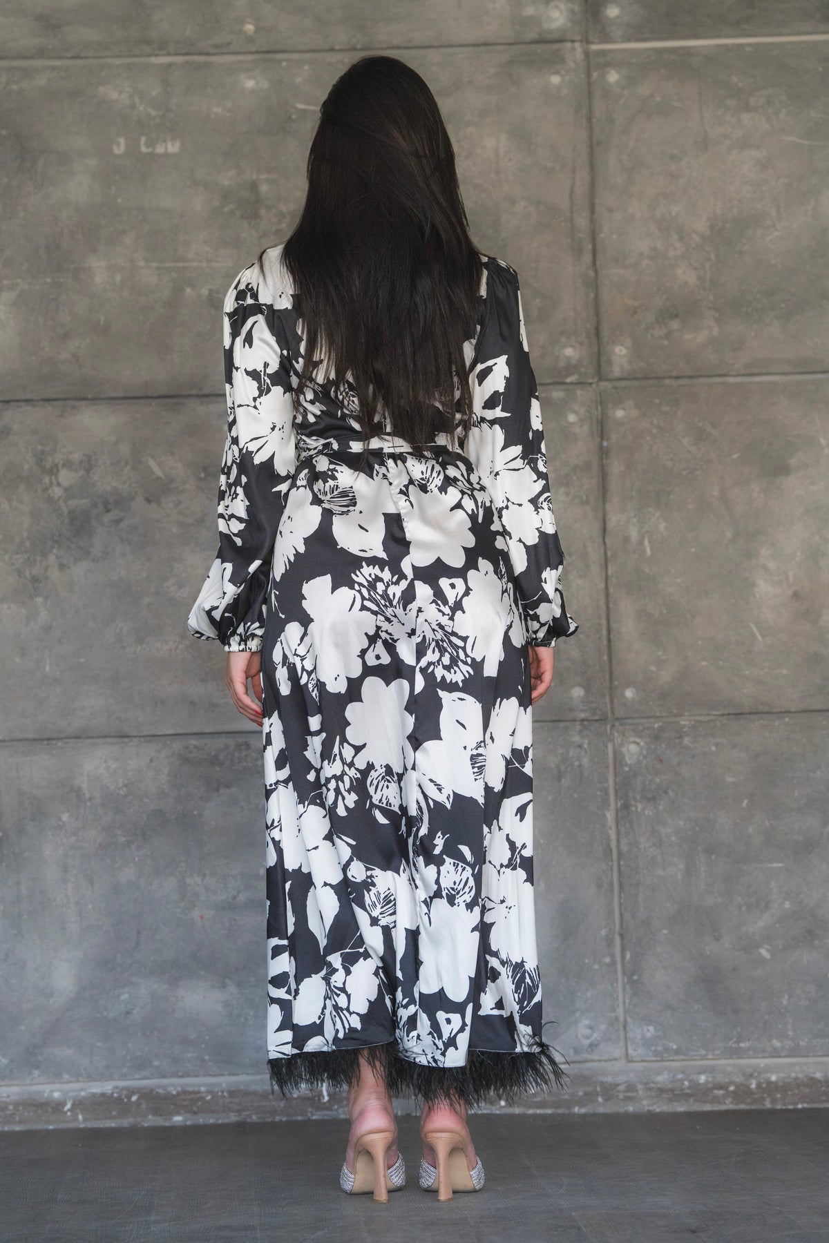 Floral Print Satin Maxi Dress with Feather Hem