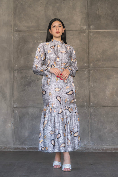 Gray and Amber Paisley Print Satin Drop Waist Midi Dress