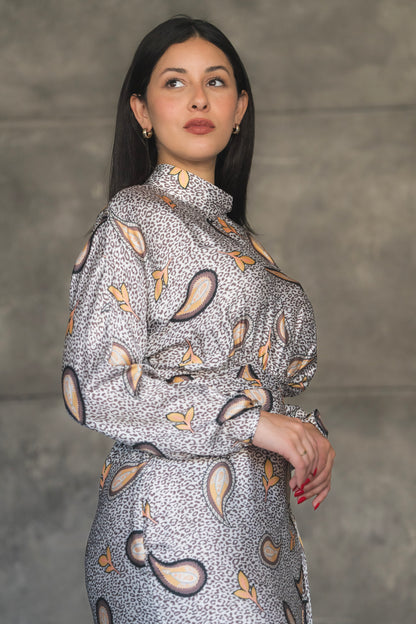 Gray and Amber Paisley Print Satin Drop Waist Midi Dress