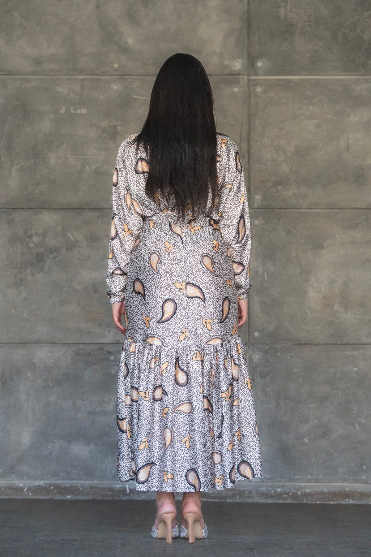 Gray and Amber Paisley Print Satin Drop Waist Midi Dress