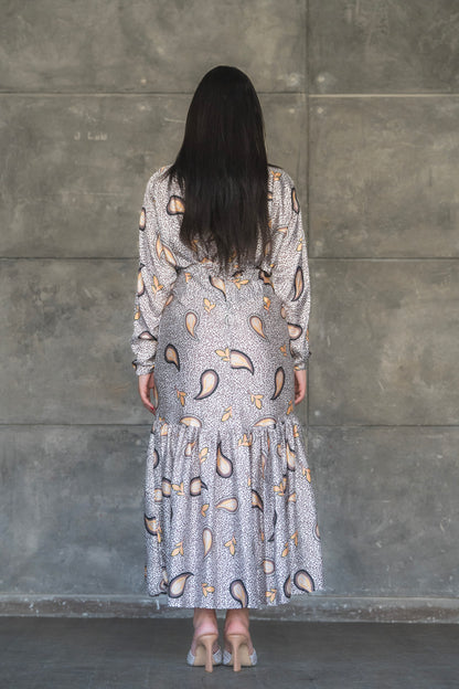 Gray and Amber Paisley Print Satin Drop Waist Midi Dress