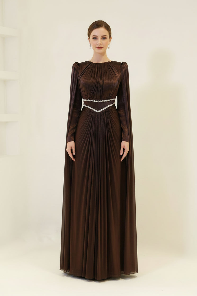 Veloura Bronze Cape Evening Gown